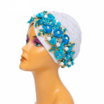 WHITE with TURQUOISE Hand-Crafted Women Turban Head Gear