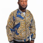 Unisex African Print Bomber Jacket with White and Black Pipping at neck, cuffs and waist