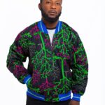 Unisex African Print Bomber Jacket with Sky Blue Pipping at neck, cuffs and waist