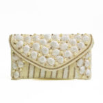 Coral Beads and Seashell on White with Beaded White Strap Clutch Purse
