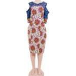 All-over open pink floral print with blue cord lace cold shoulder sleeve