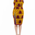 Sleeveless Red patterns on Yellow-base print with patterned faus side slit