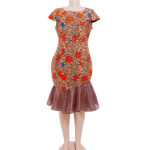 All-over popping stars with brown bottom chiffon flare and cap sleeves