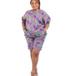 A Lilac-base multi-color pair of Shorts and loose boubou Top