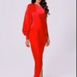 One Sleeve Silky Satin Dress - Red