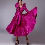 Ruffle-Neck Belted Flare Midi Dress - Fuschia