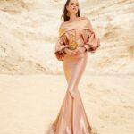 Shimmery Metallic Belted Evening Dress - Peach