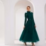 Puff-Neck-Sleeves Elegant Evening Dress - Green