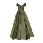 Off-Shoulder Tie-Bow Evening Ball Dress - Olive Green