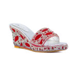 Handcrafted Red and White Beaded Women Wedge Slippers