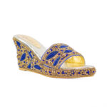 Blue and Gold Handcrafted Beaded Women Wedge Slippers