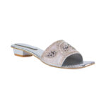 Silver Beaded Drop Flat Slippers with a Silver-colour Mini Heel
