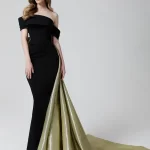 Off Shoulder Crepe and Gold Tail Evening Dress